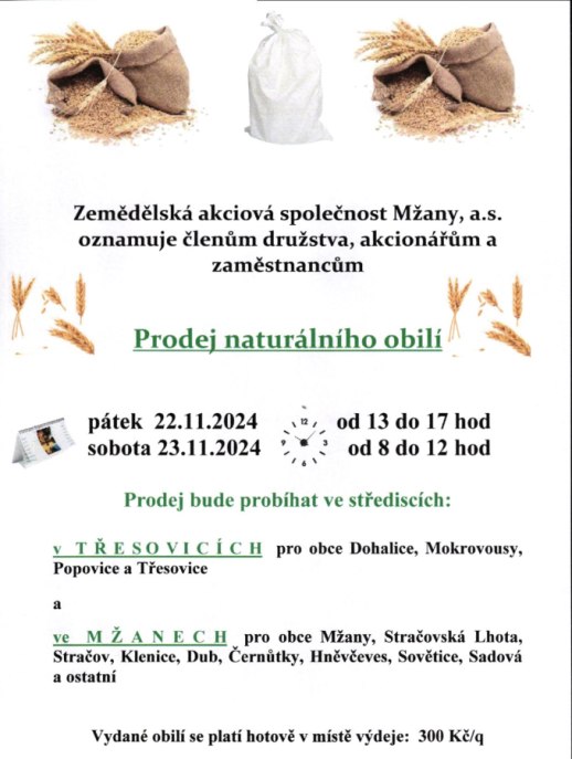 Prodej obilí - ZAS Mžany